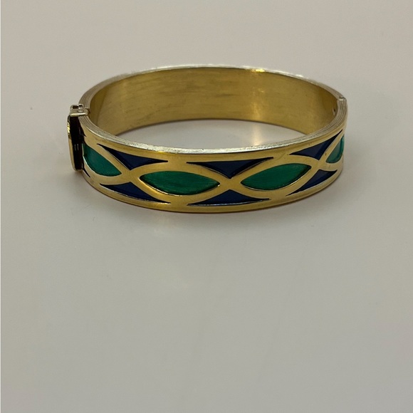 4022-PTT Vintage Signed Napier Bangle Goldtone Metal Blue & Green Geometric - Picture 3 of 13